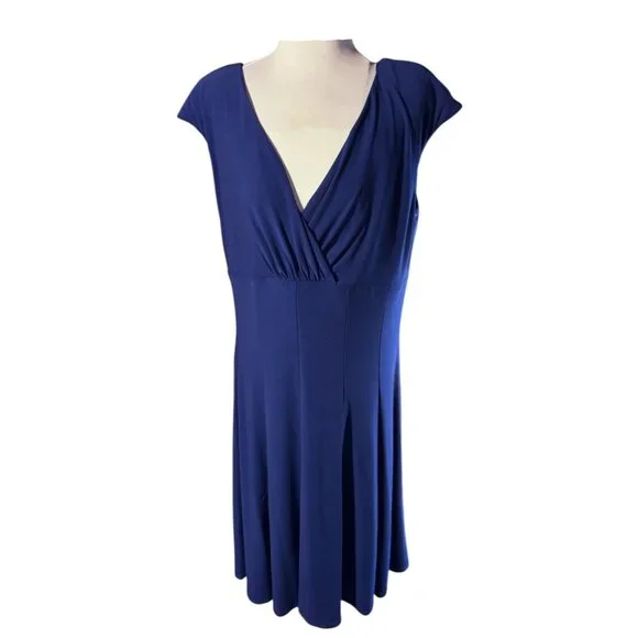Ralph Lauren Womens Cap-Sleeve V-Neck Blue Midi Dress Polyester Blend - Picture 1 of 11